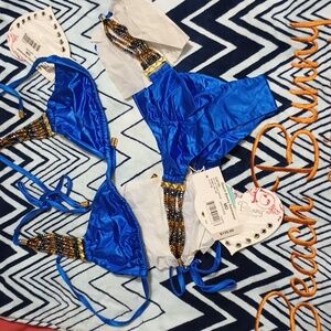 Beach Bunny Out Of Your League Sm Tri top MD Skimpy DBL HIP Bottom Sapphire NWT